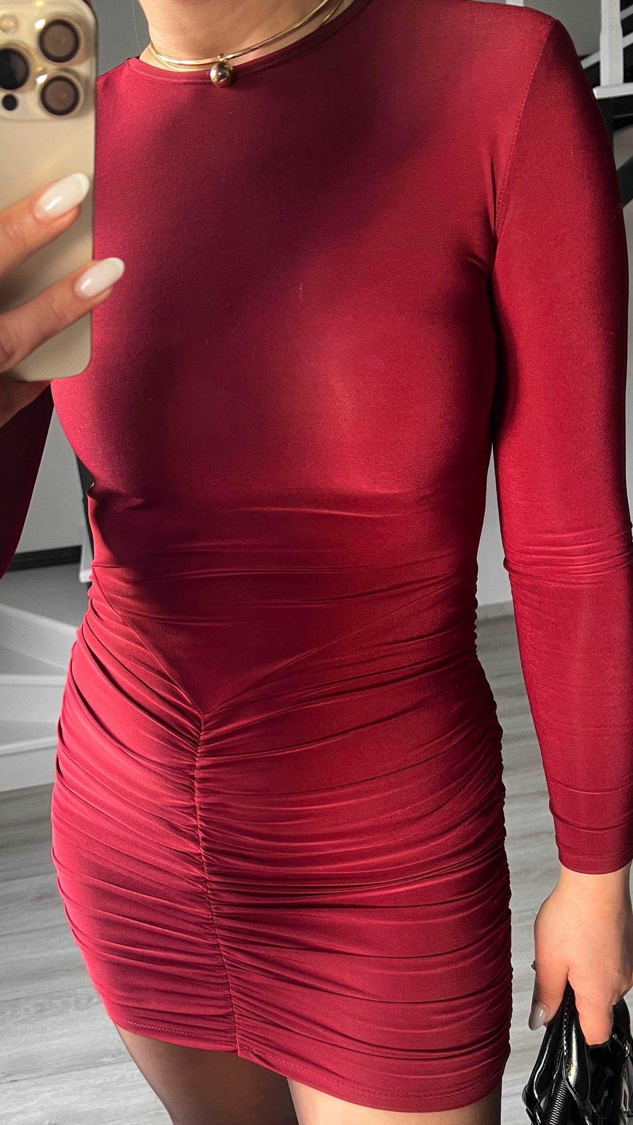 Bordo Drape Detaylı Vatkalı Mini Elbise