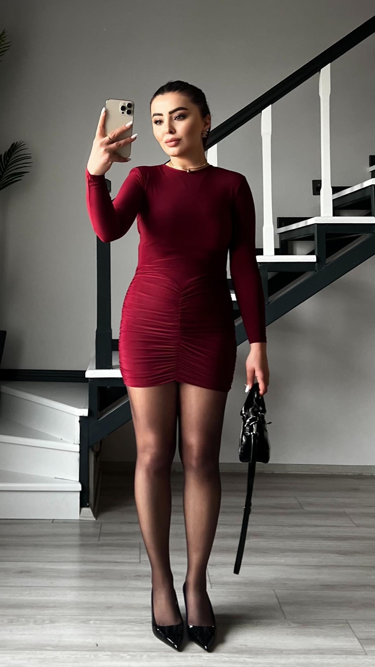 Bordo Drape Detaylı Vatkalı Mini Elbise