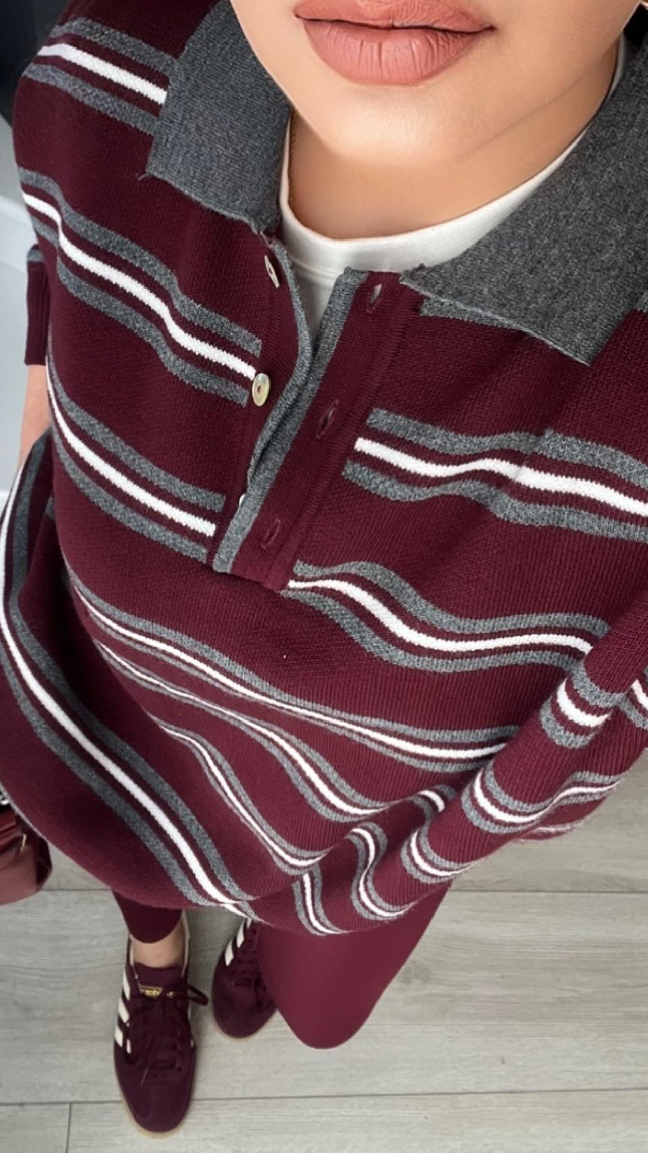 Bordo-Gri Polo Yaka Çizgili Triko Kazak
