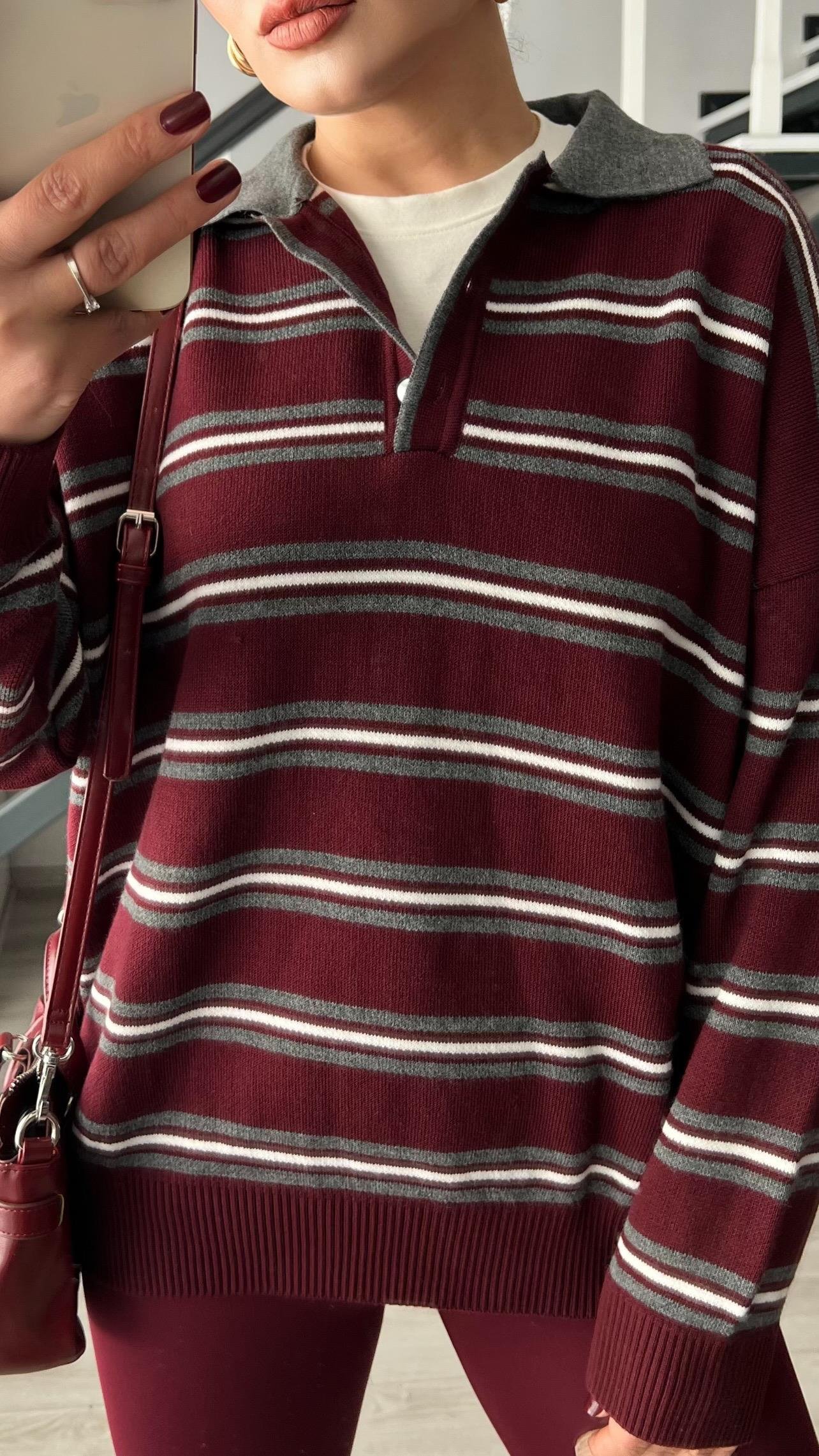 Bordo-Gri Polo Yaka Çizgili Triko Kazak