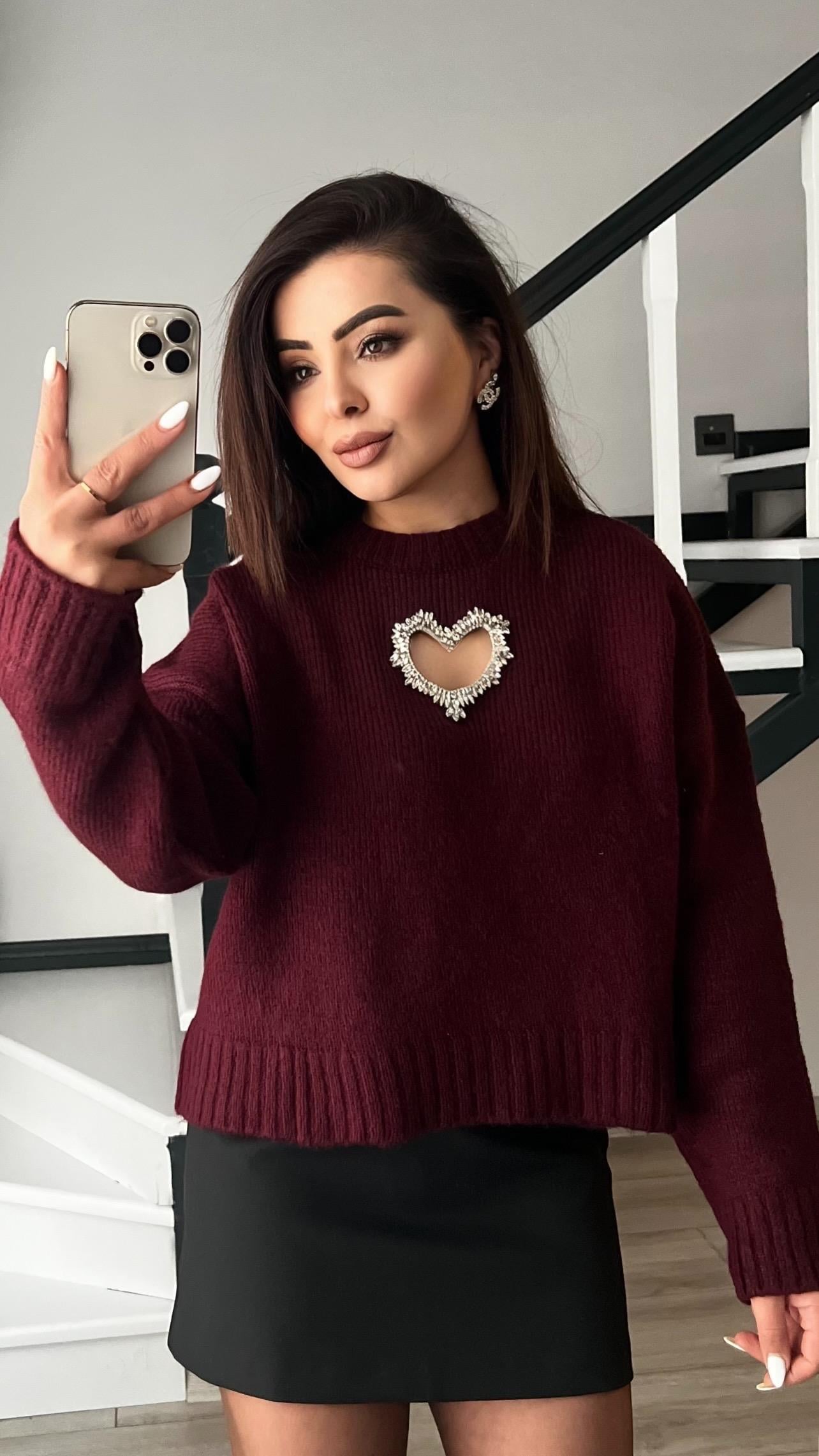 Bordo Kalp Aksesuarlı Kazak