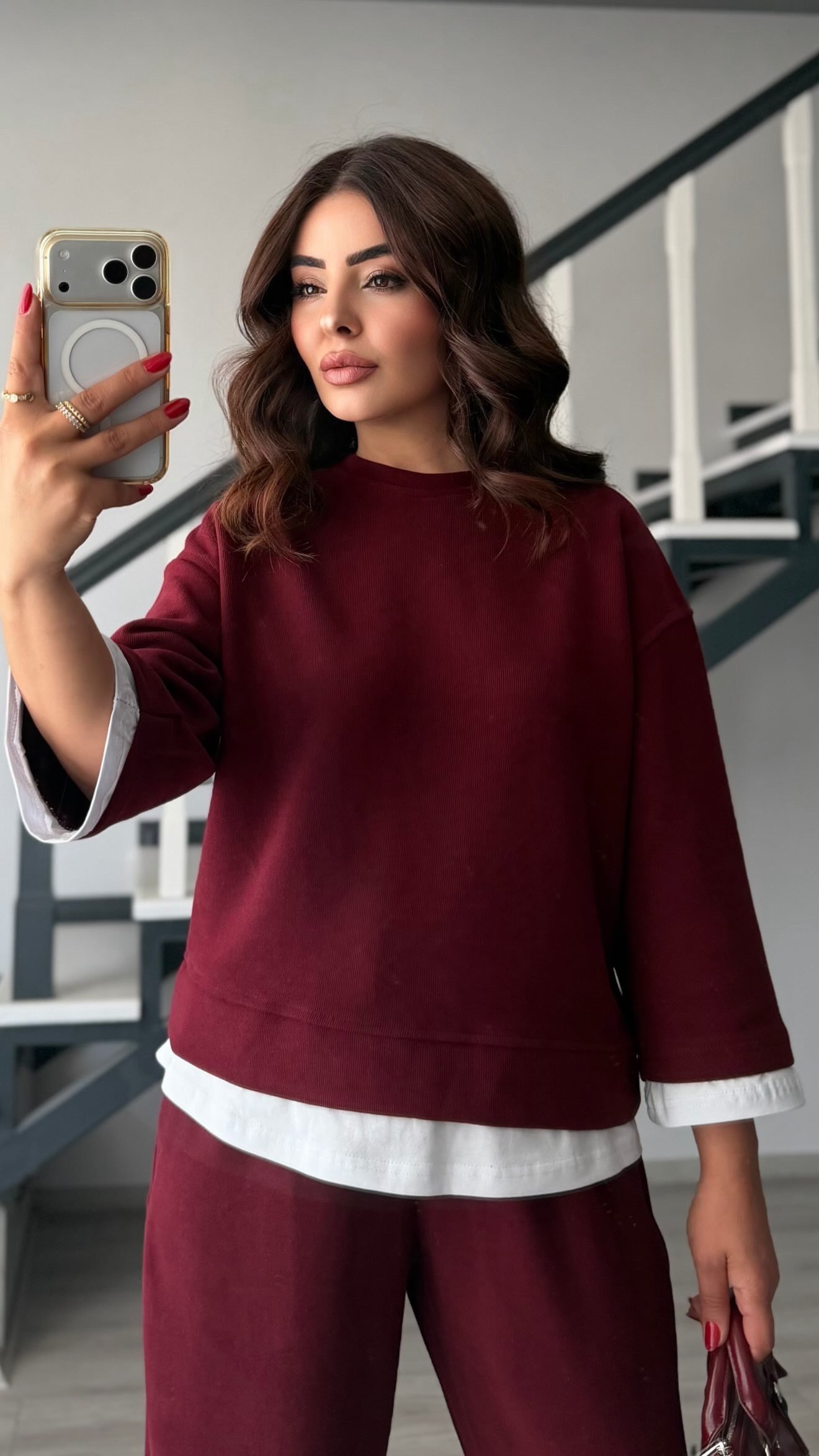 Burgundy Contrast T-Shirt Knit Set