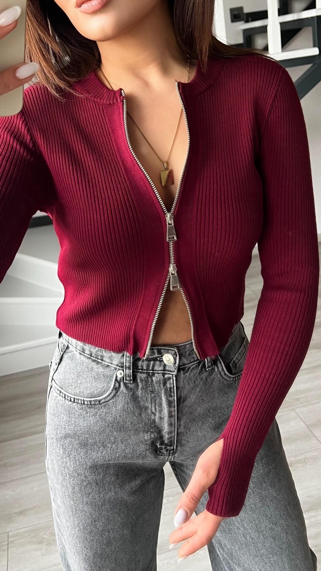 Bordo Marka Model Parmak Geçirme Detaylı Fermuarlı Triko
