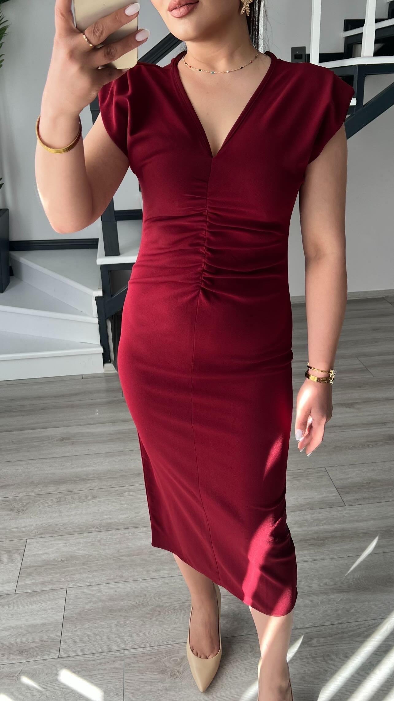 Bordo Marka Model V Yaka Önü Drapeli Midi Elbise