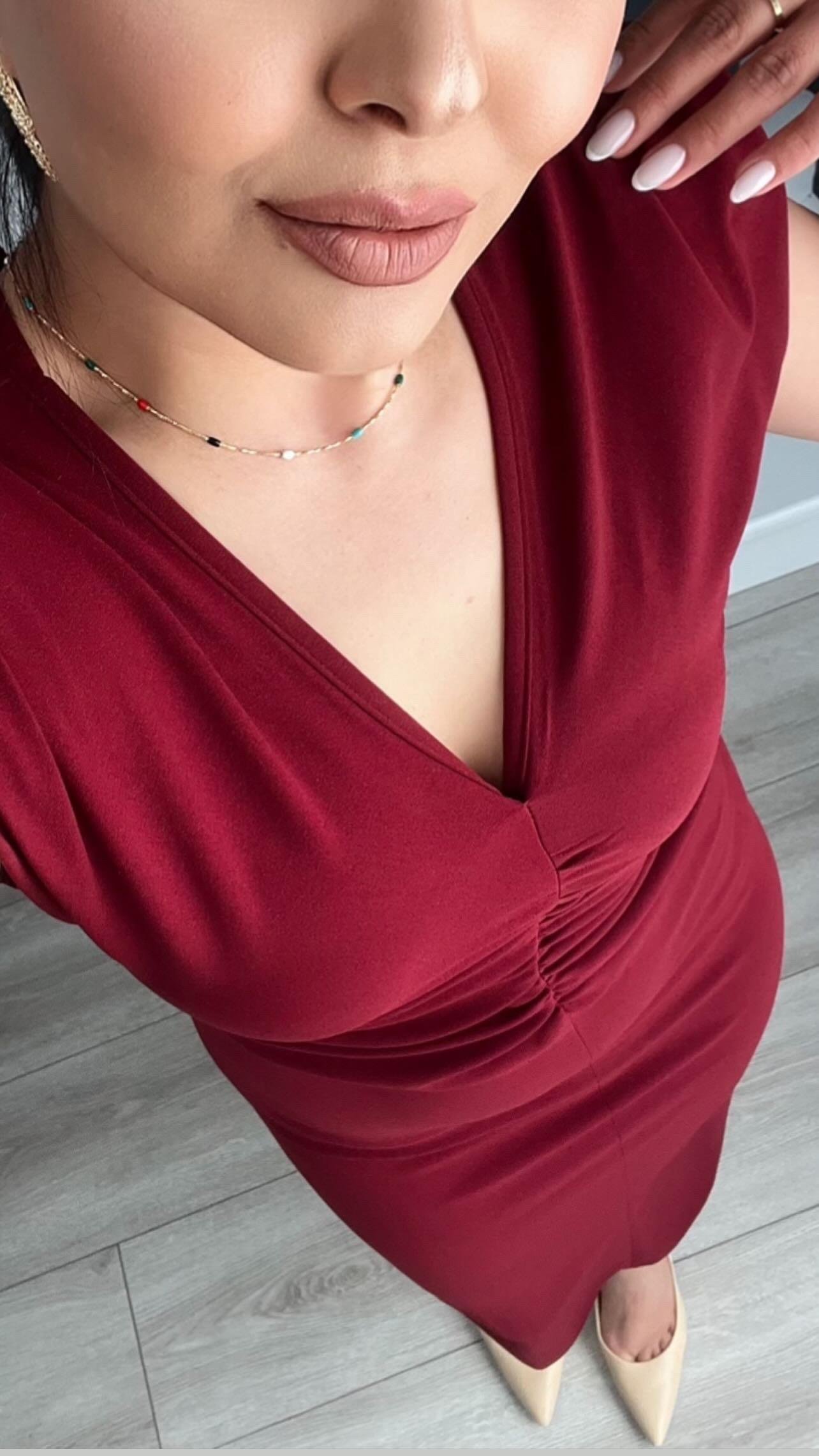 Bordo Marka Model V Yaka Önü Drapeli Midi Elbise
