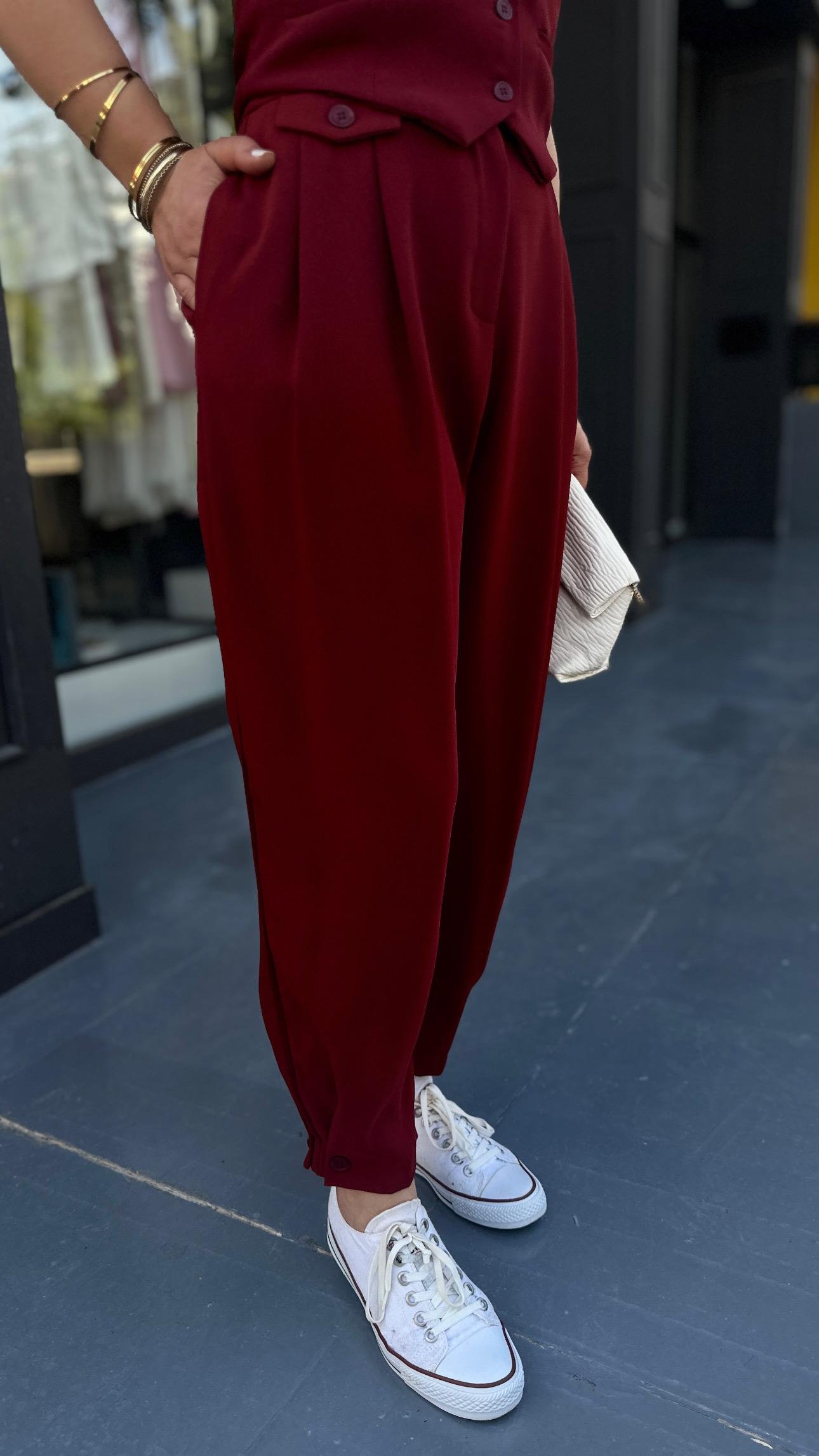 Bordo Paça Düğmeli Pantolon 