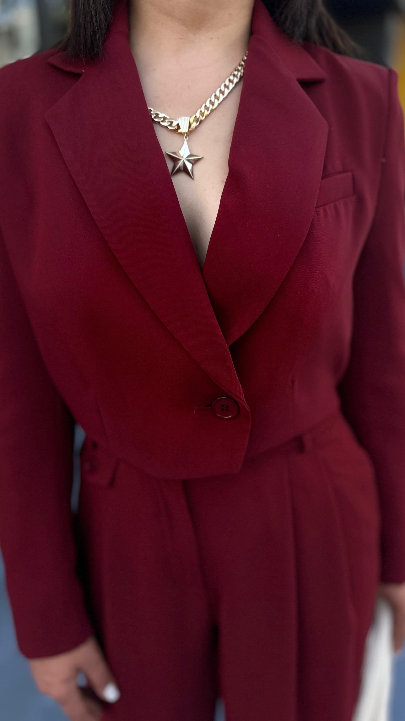 Bordo Premıum Astarlı Düğmeli Crop Ceket