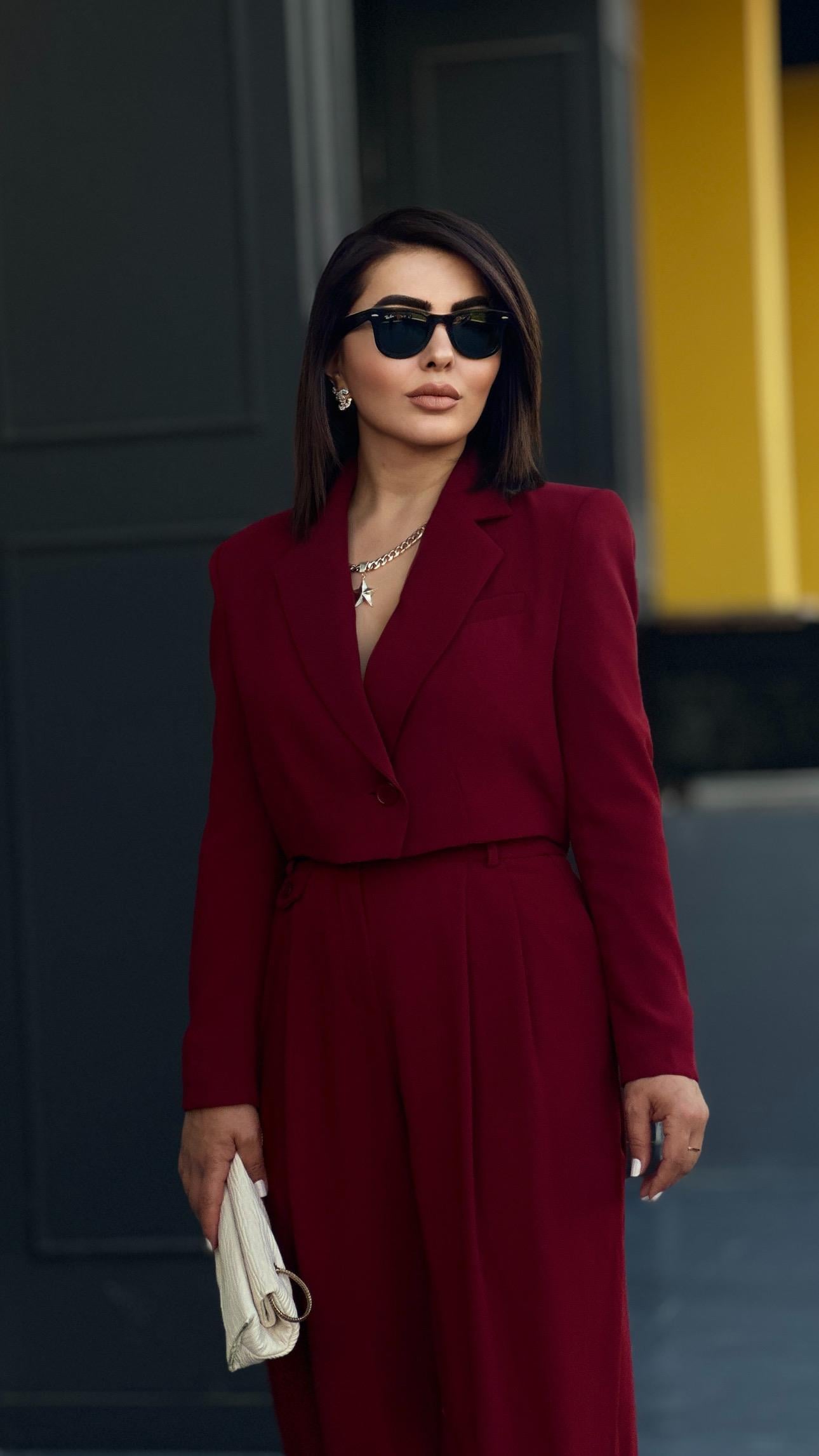 Bordo Premıum Astarlı Düğmeli Crop Ceket