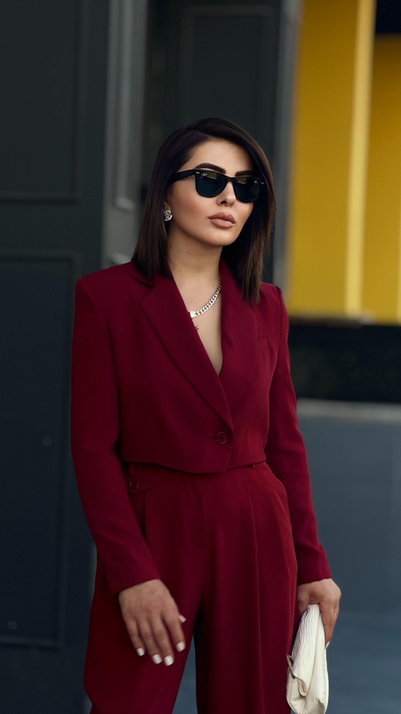 Bordo Premıum Astarlı Düğmeli Crop Ceket