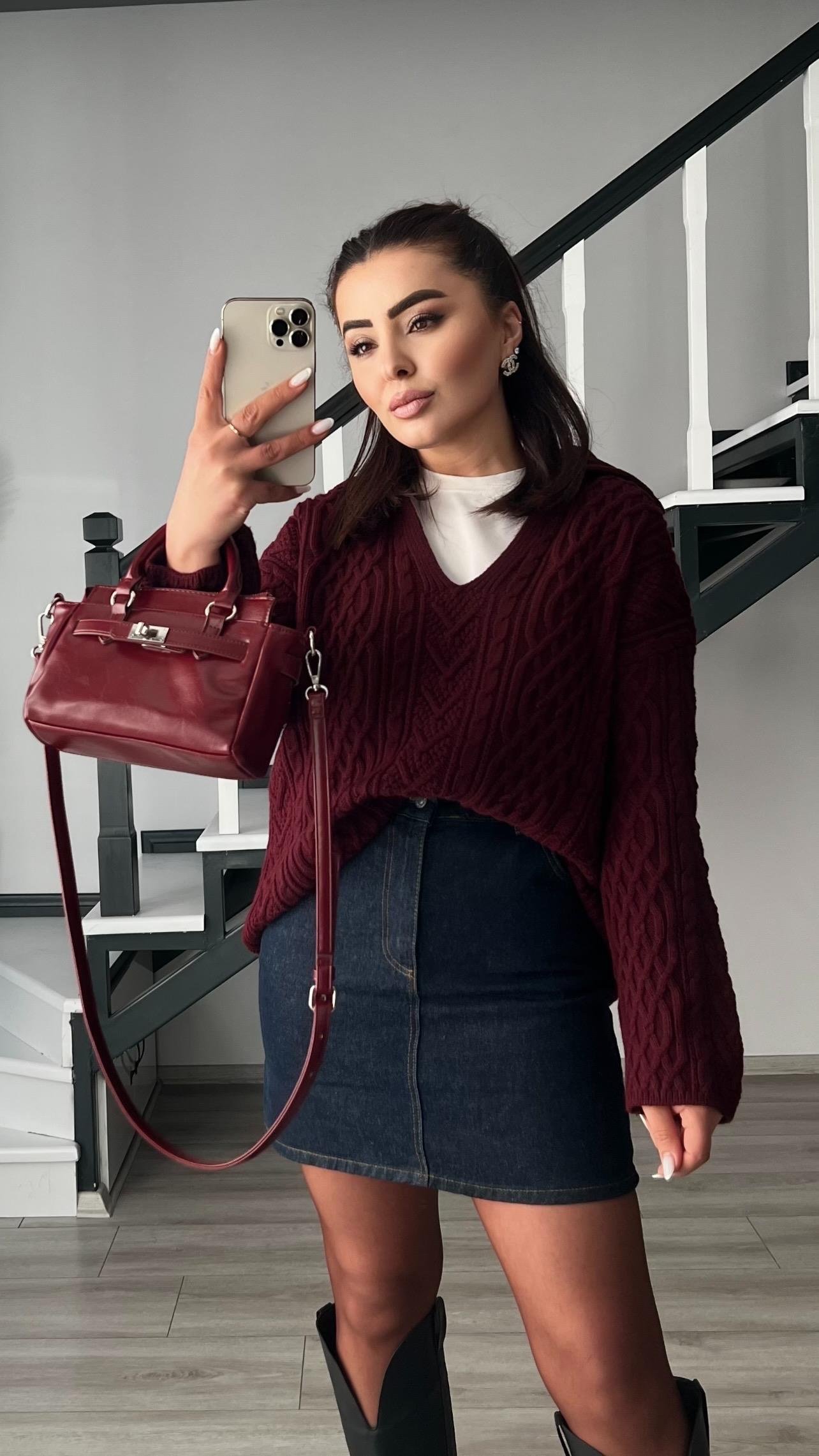 Bordo Yakalı Saç Örgü Kazak 