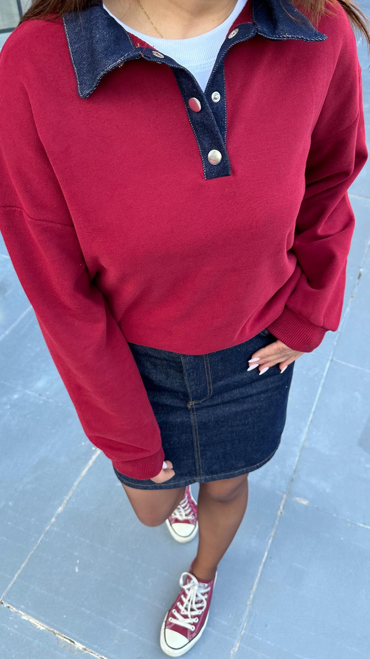 Bordo Yakası Garnili Sweatshirt 