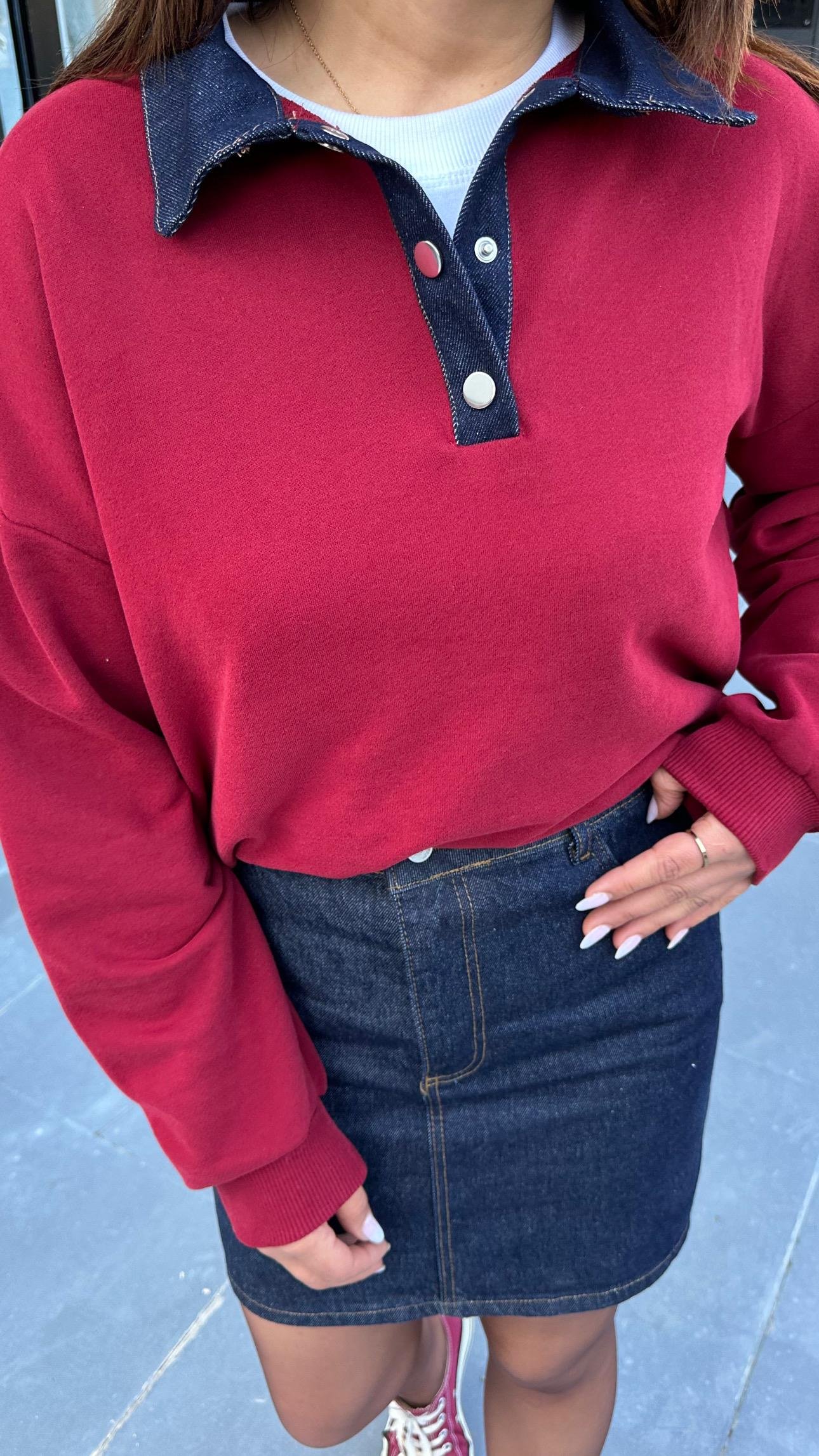 Bordo Yakası Garnili Sweatshirt 