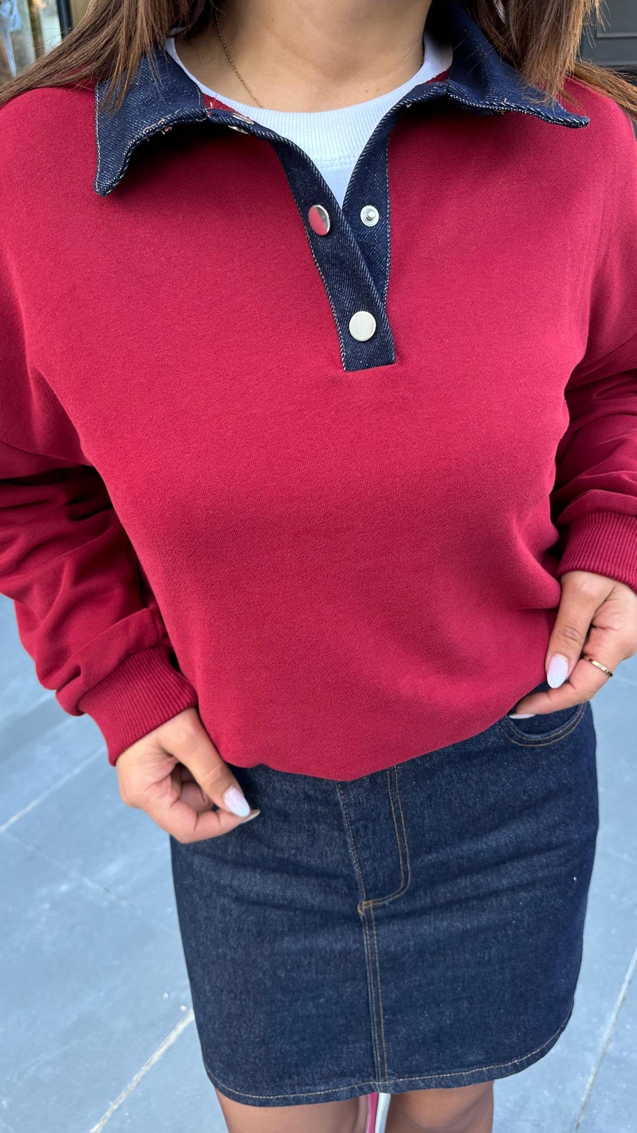 Bordo Yakası Garnili Sweatshirt 