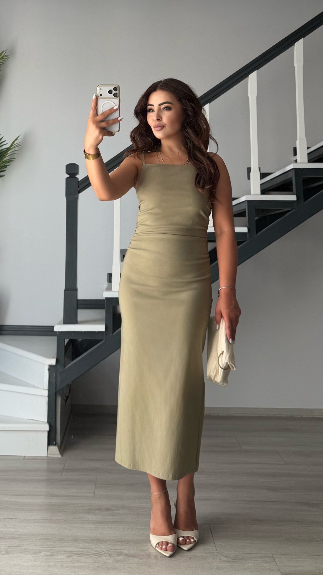 Khaki Green Ruched Midi Dress with Adjustable Straps