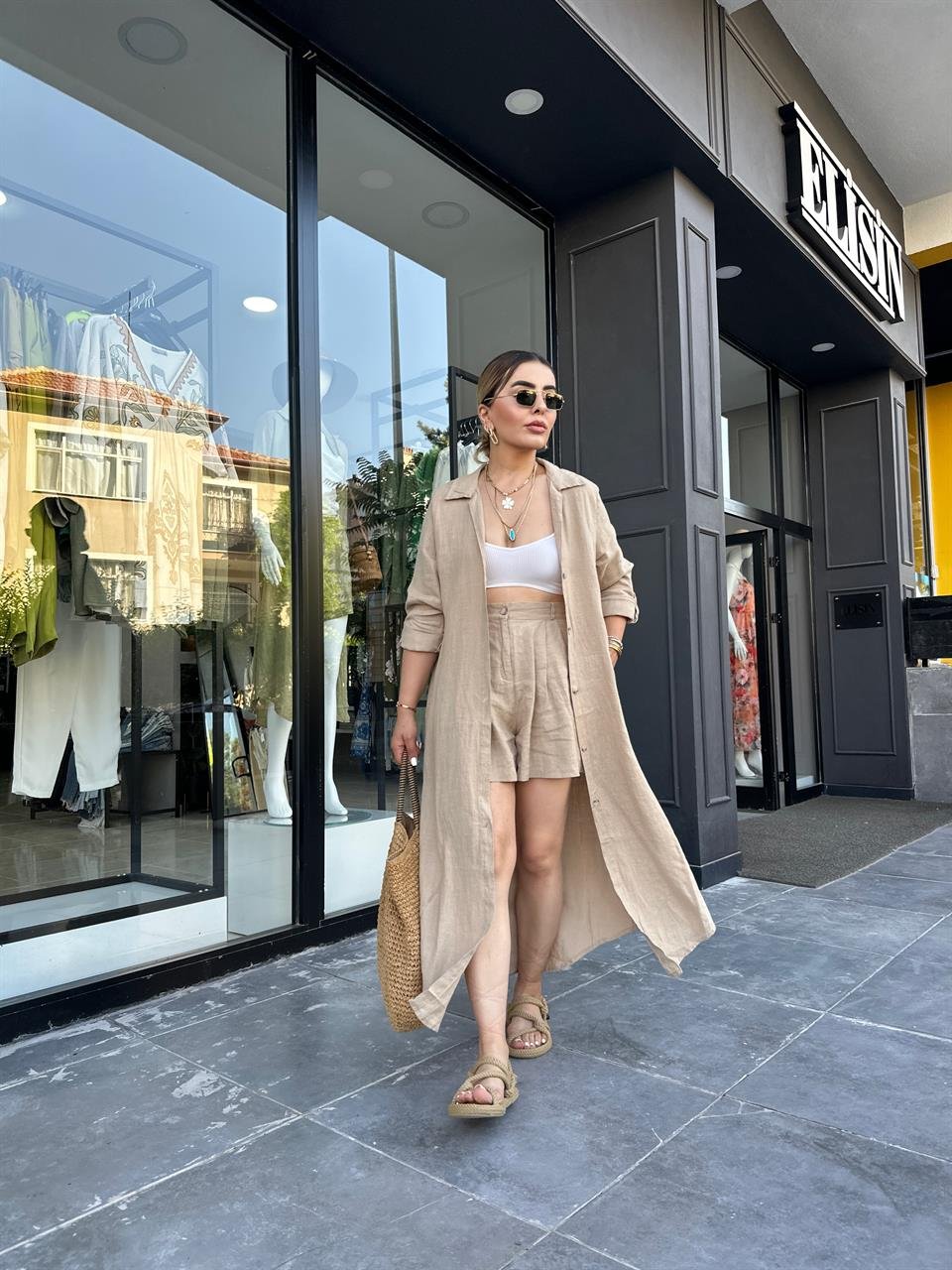 Camel %100 Ham Keten Boydan Düğmeli Kimono Elbise