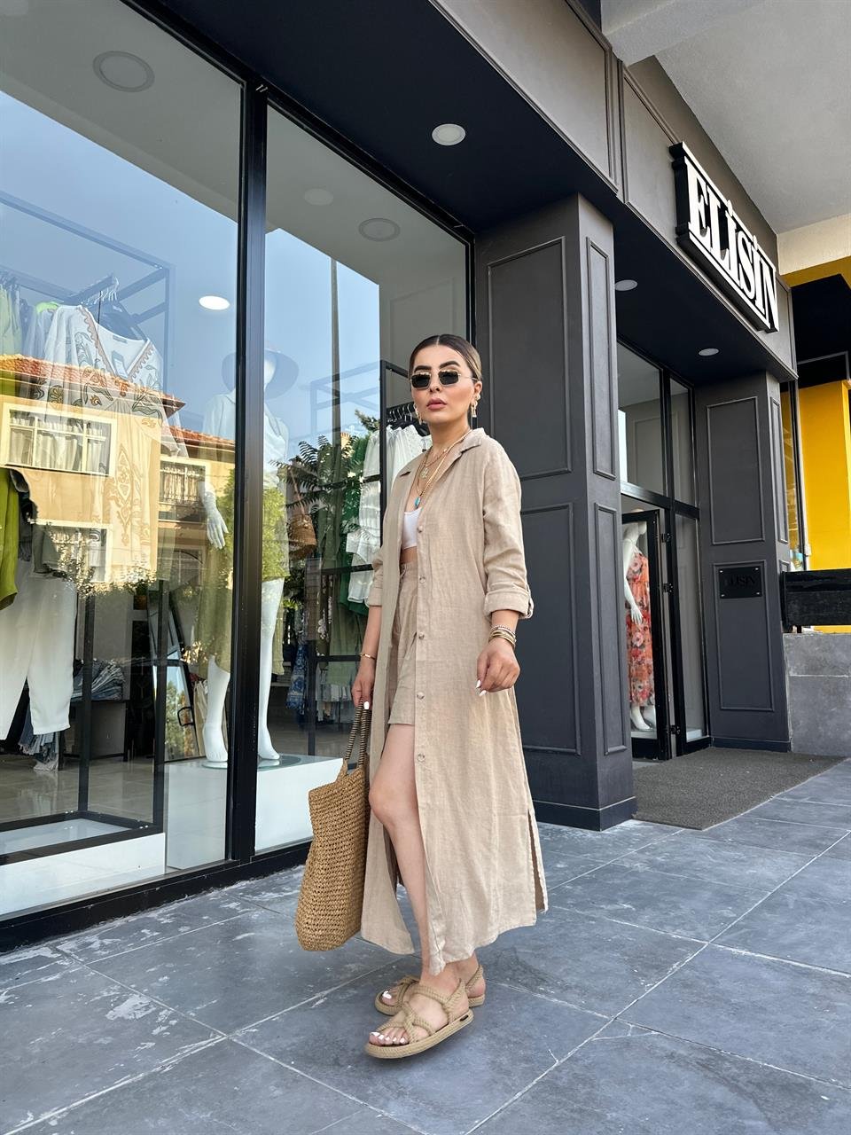 Camel %100 Ham Keten Boydan Düğmeli Kimono Elbise