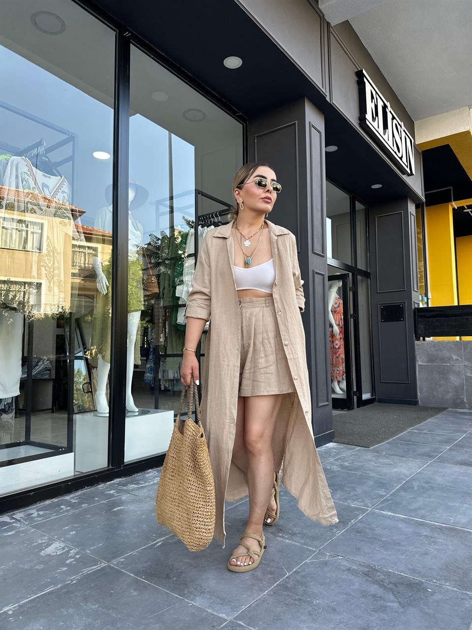 Camel %100 Ham Keten Boydan Düğmeli Kimono Elbise