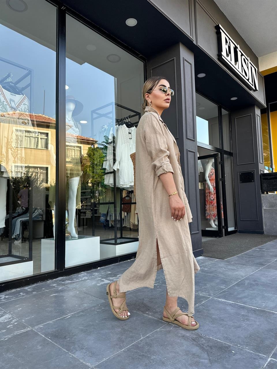 Camel %100 Ham Keten Boydan Düğmeli Kimono Elbise