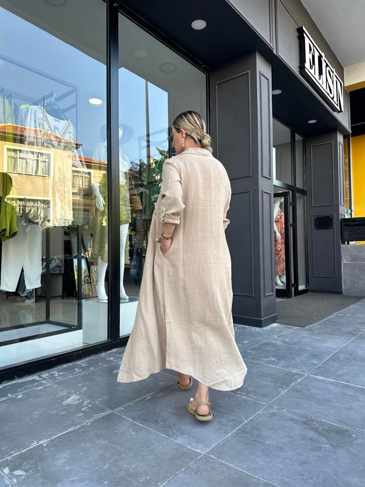 Camel %100 Ham Keten Boydan Düğmeli Kimono Elbise