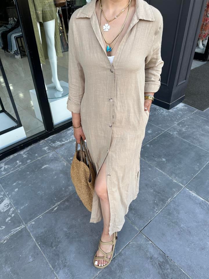 Camel %100 Ham Keten Boydan Düğmeli Kimono Elbise