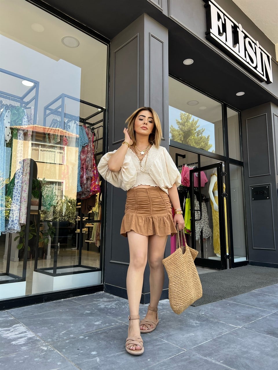 Camel Büzgülü Mini Etek