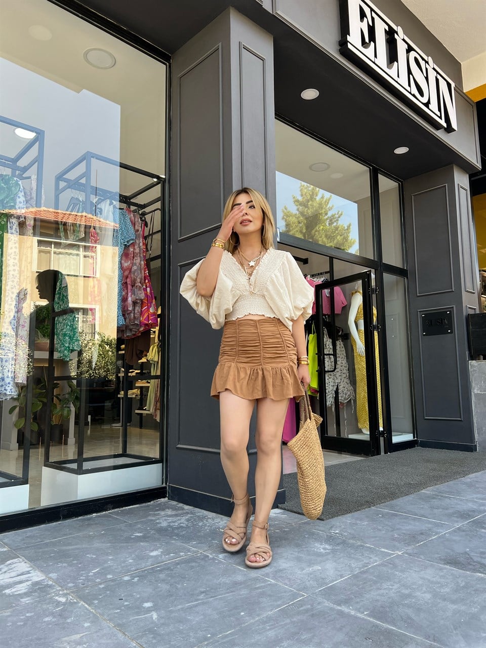 Camel Büzgülü Mini Etek