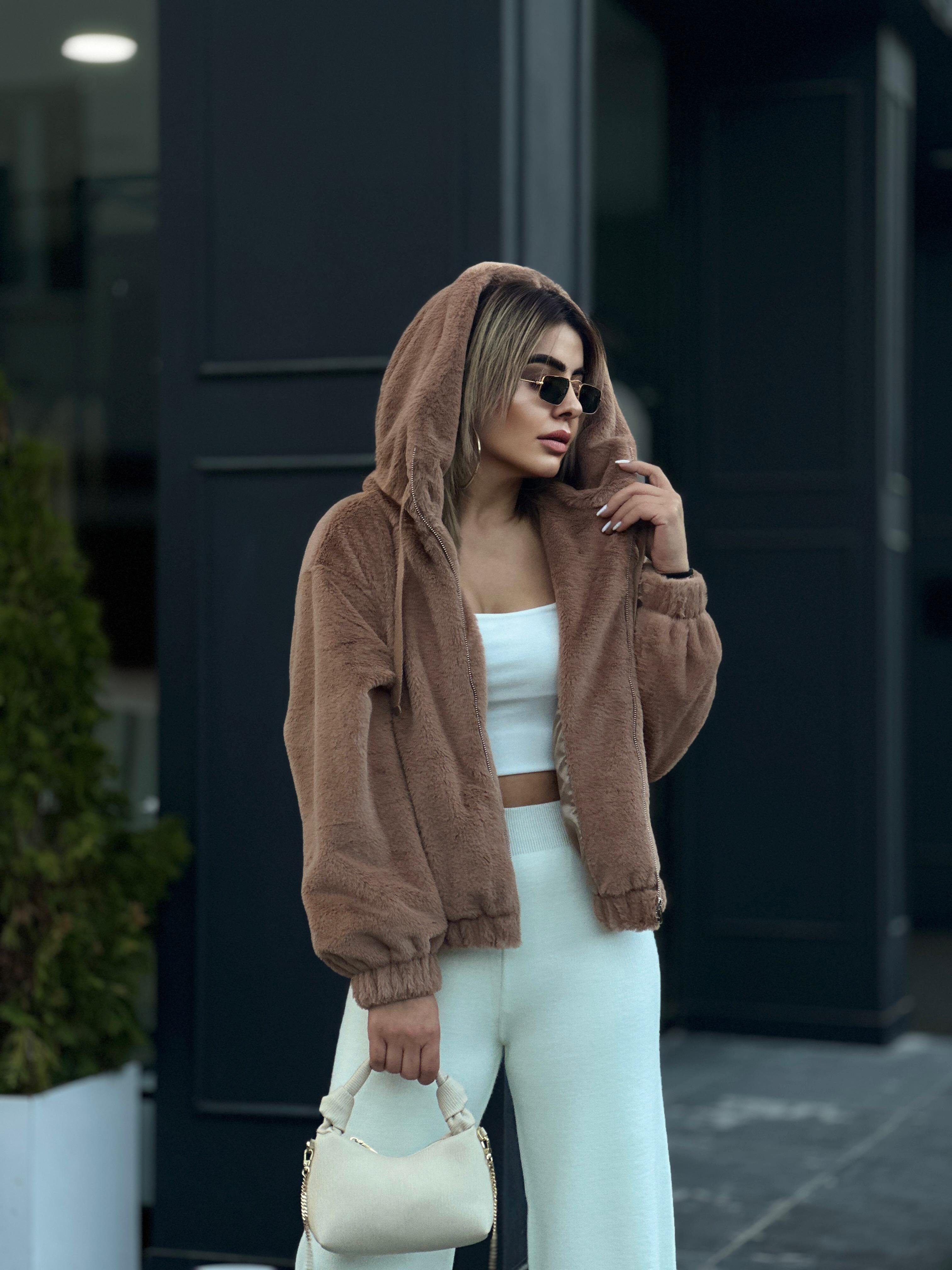 Camel Peluş Kapüşonlu Mont