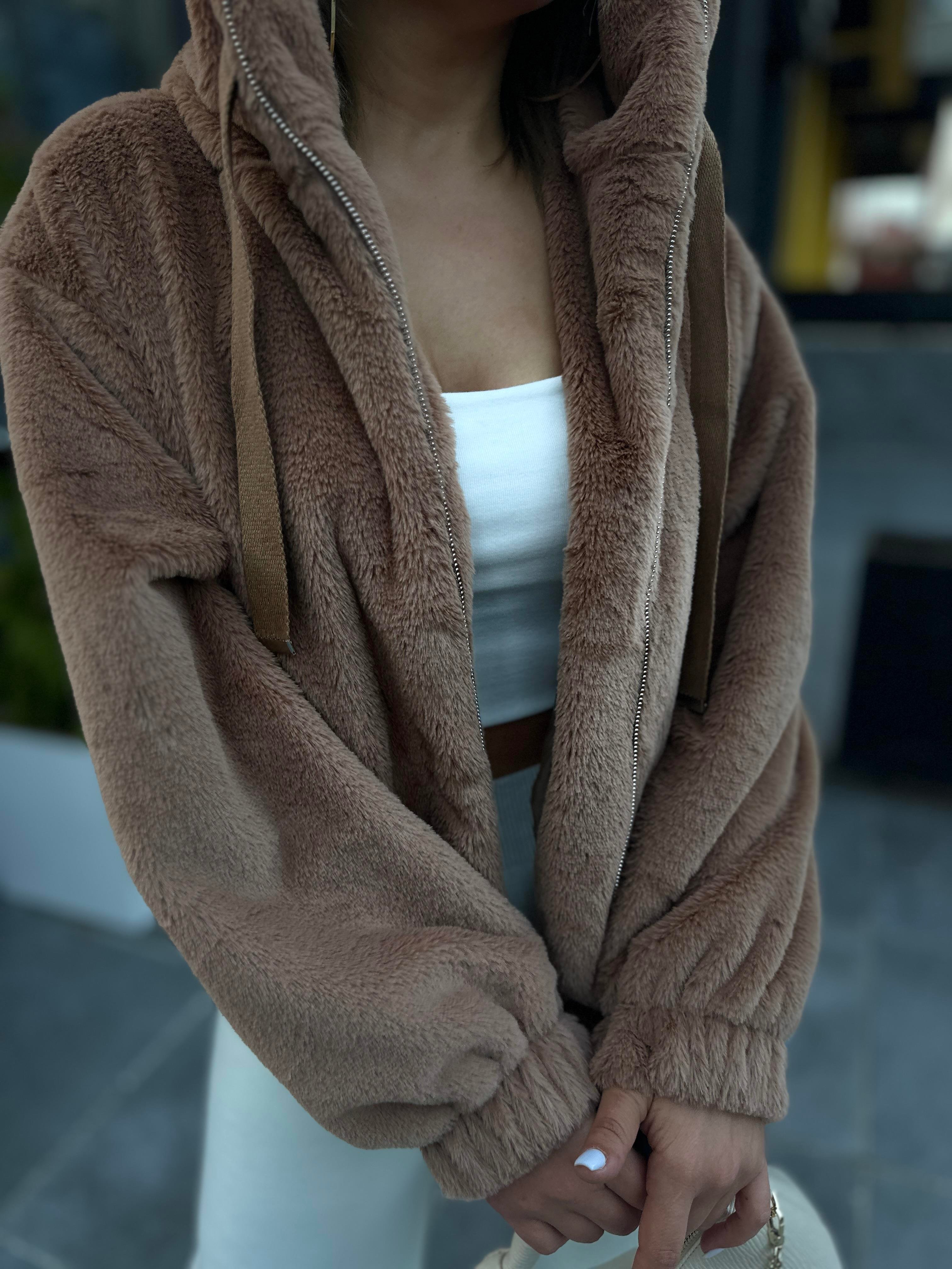 Camel Peluş Kapüşonlu Mont