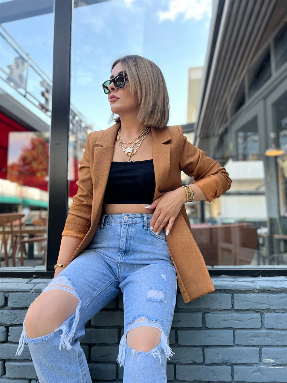 Camel Yün Efekt Blazer Ceket