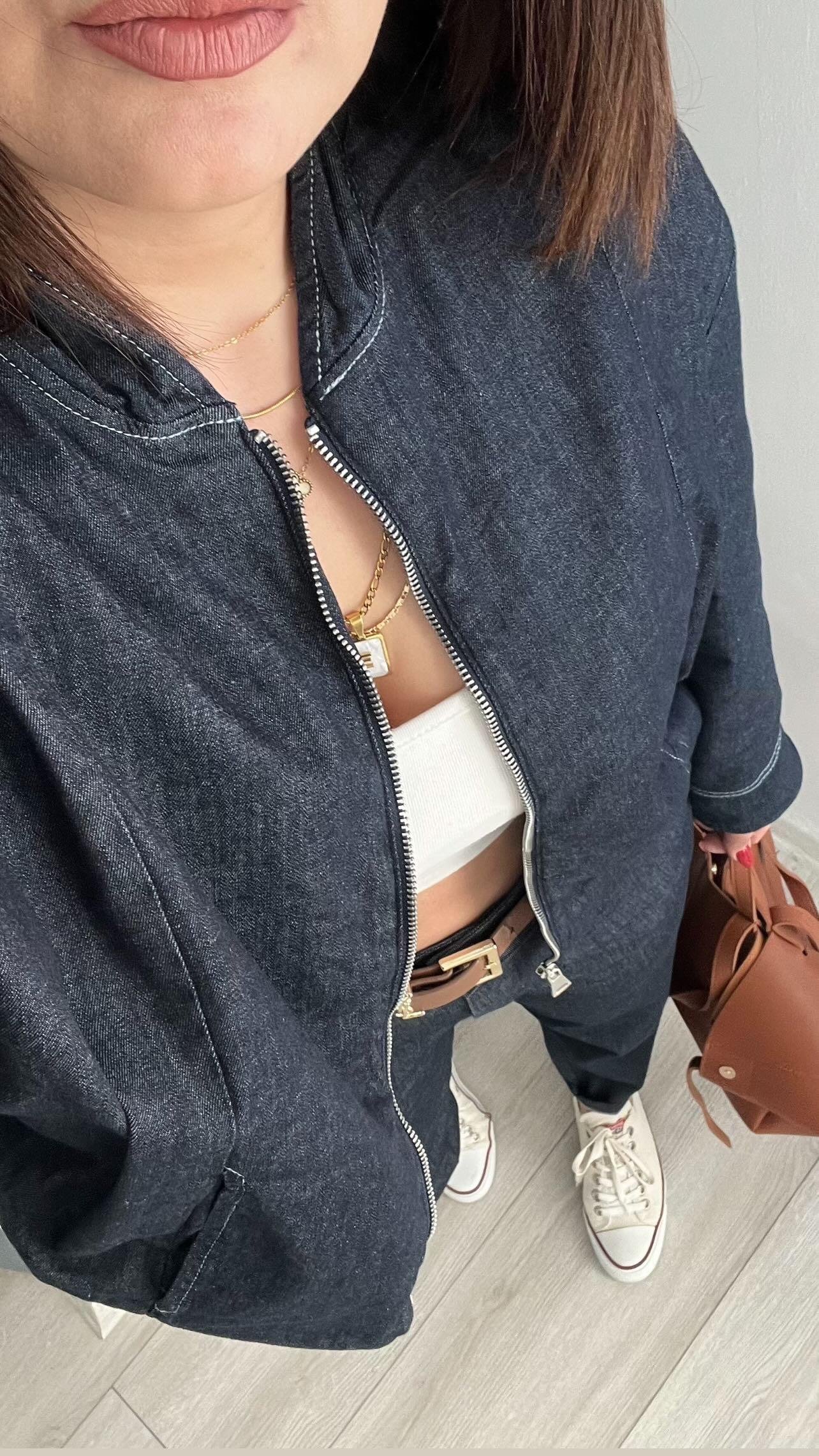 Denim Görünümlü Bomber Ceket-Pantolon Takım