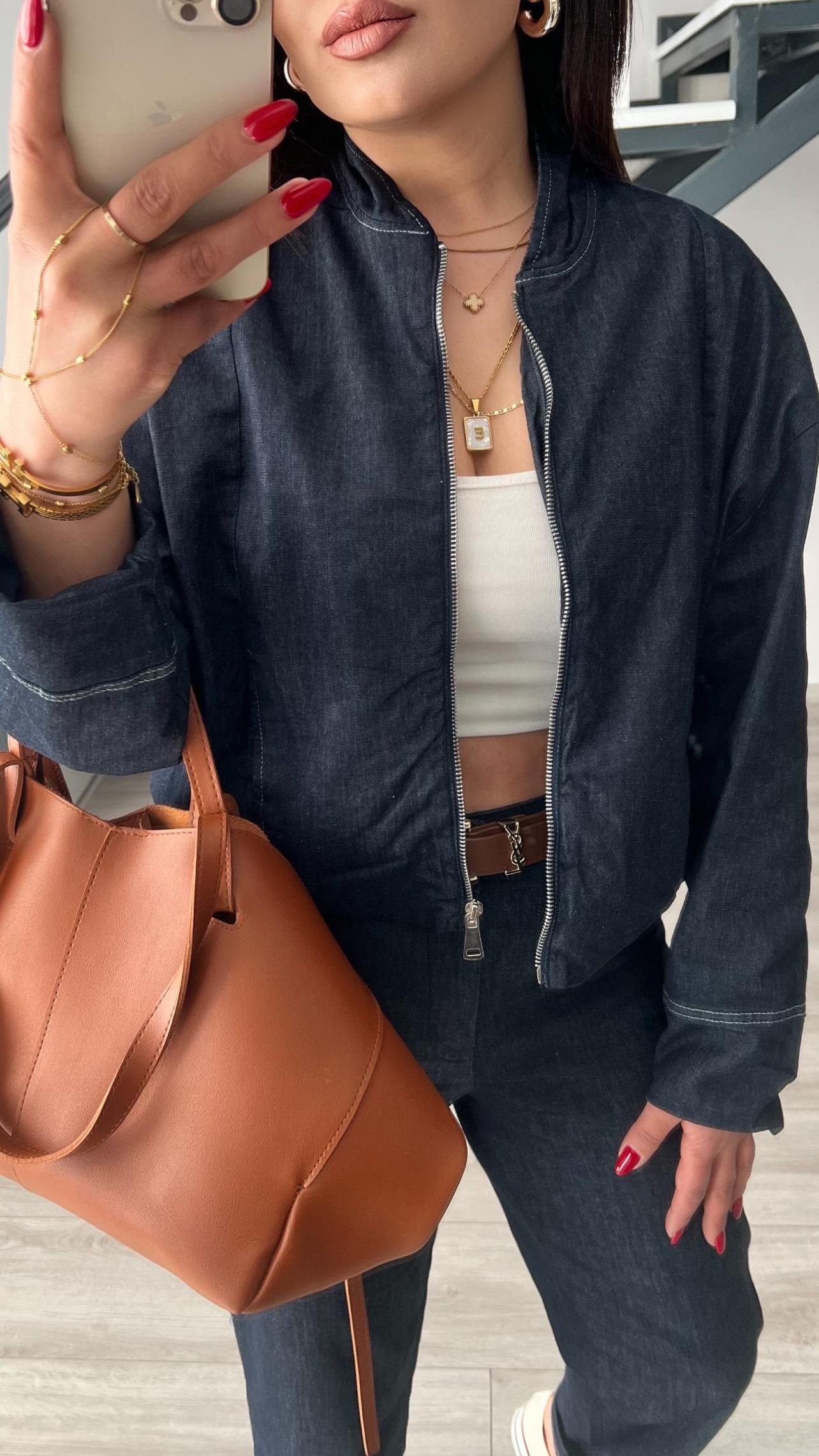 Denim Görünümlü Bomber Ceket-Pantolon Takım