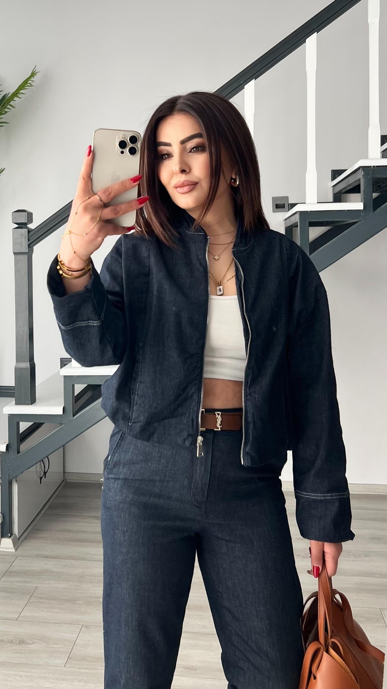 Denim Görünümlü Bomber Ceket-Pantolon Takım