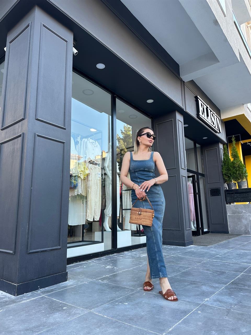 Denim Likralı Uzun Elbise 