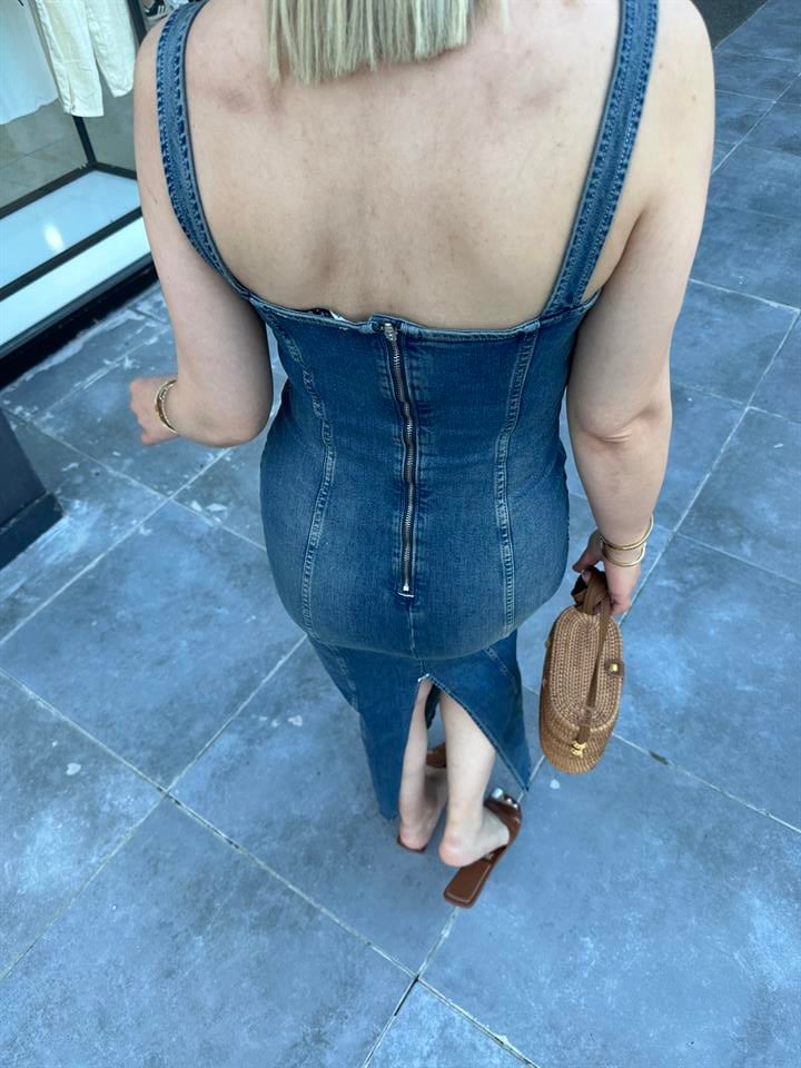 Denim Likralı Uzun Elbise 