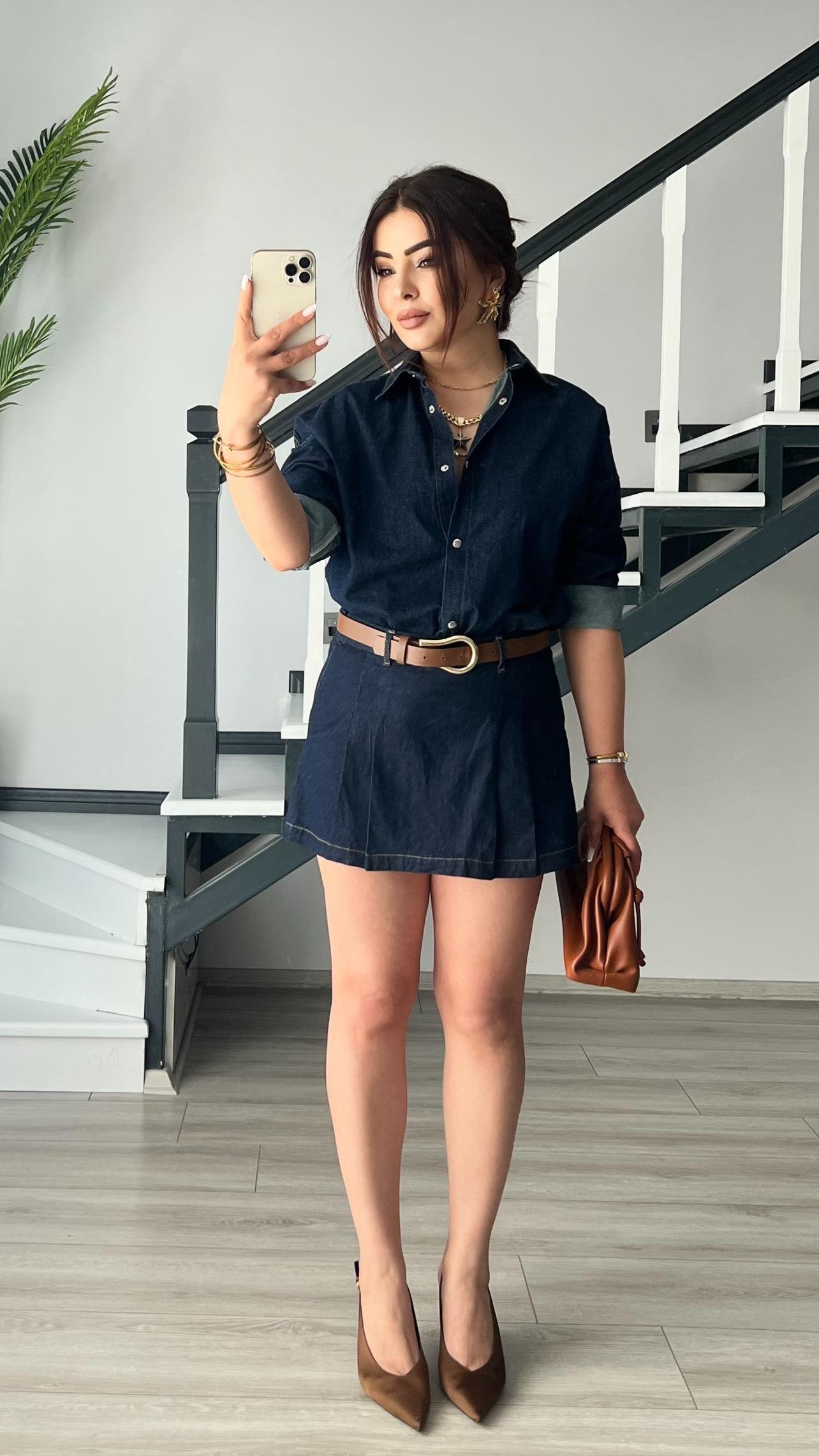 Denim Piliseli Şort Etek 