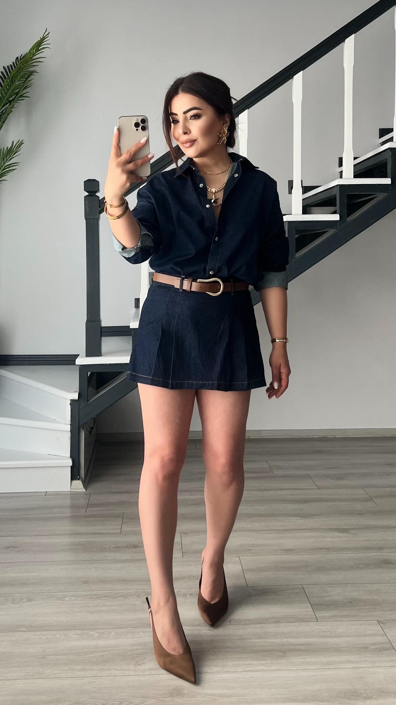 Denim Piliseli Şort Etek 