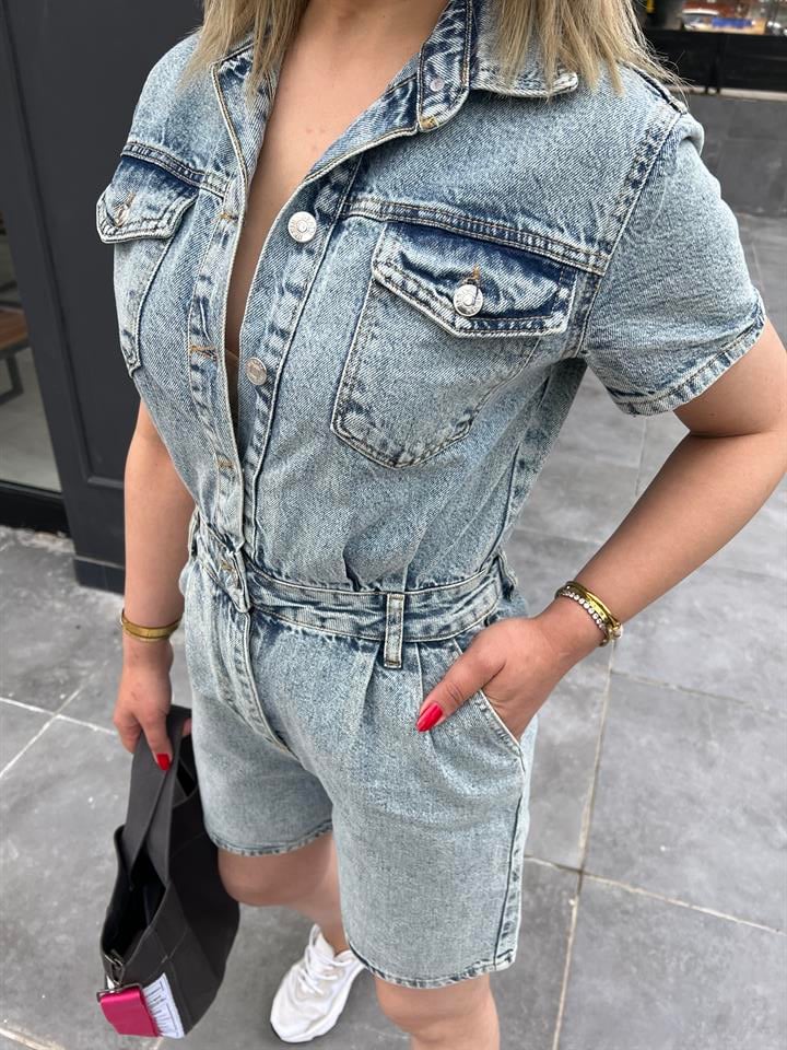 Denim Şortlu Tulum