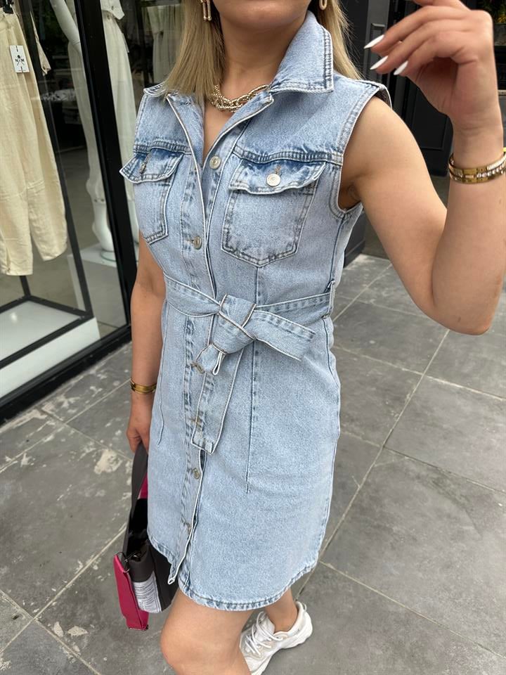 Dilvin Kemerli Denim Elbise 