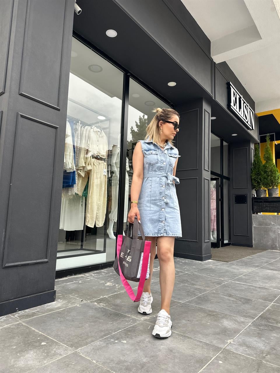 Dilvin Kemerli Denim Elbise 