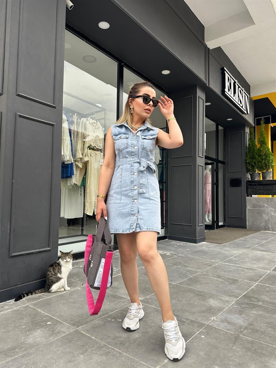 Dilvin Kemerli Denim Elbise 