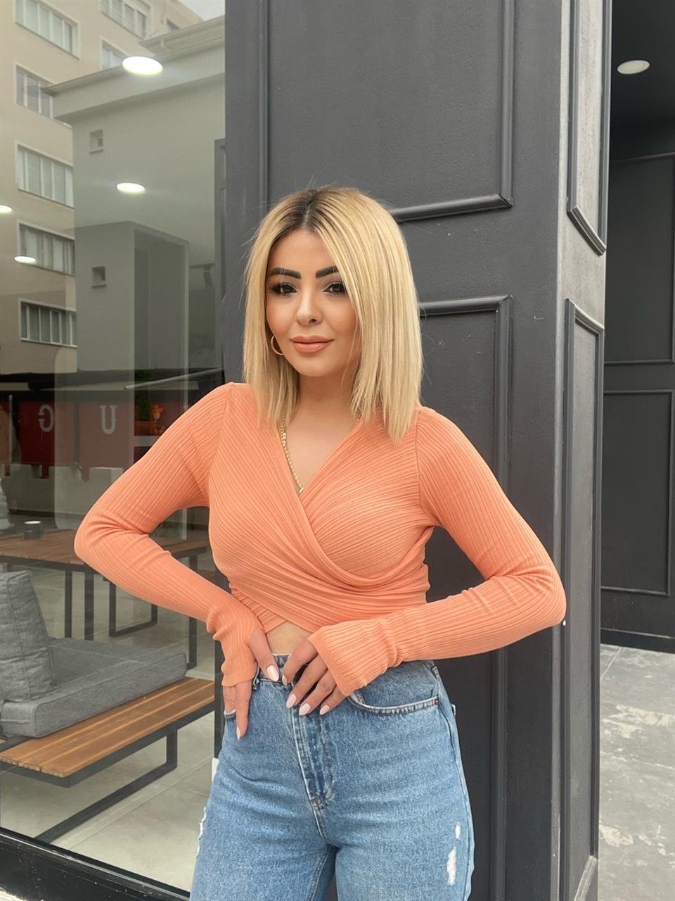 Dilvin Şeftali Parmak Geçmeli Bluz