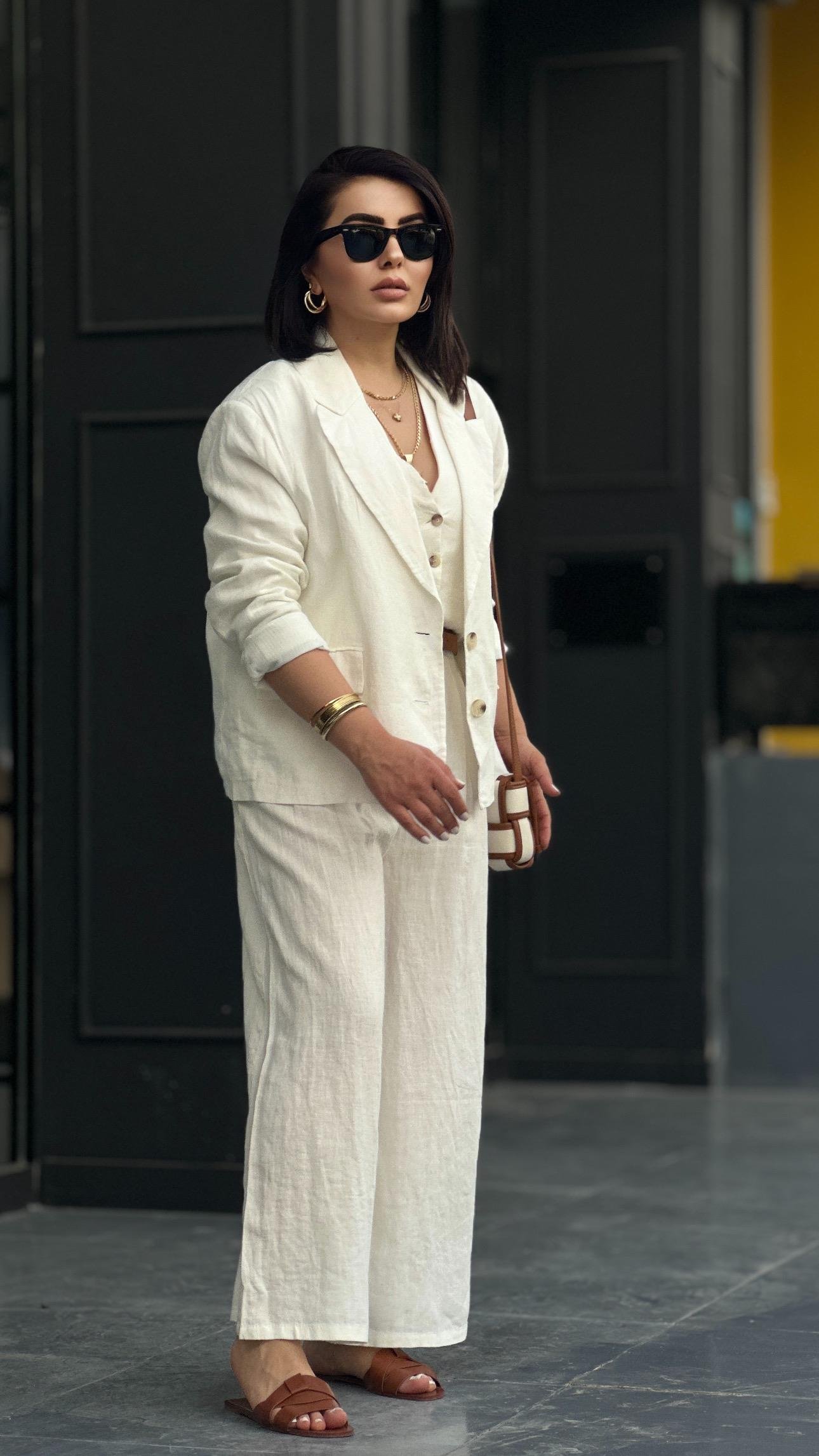 Ekru %100 Ham Keten Blazer Ceket