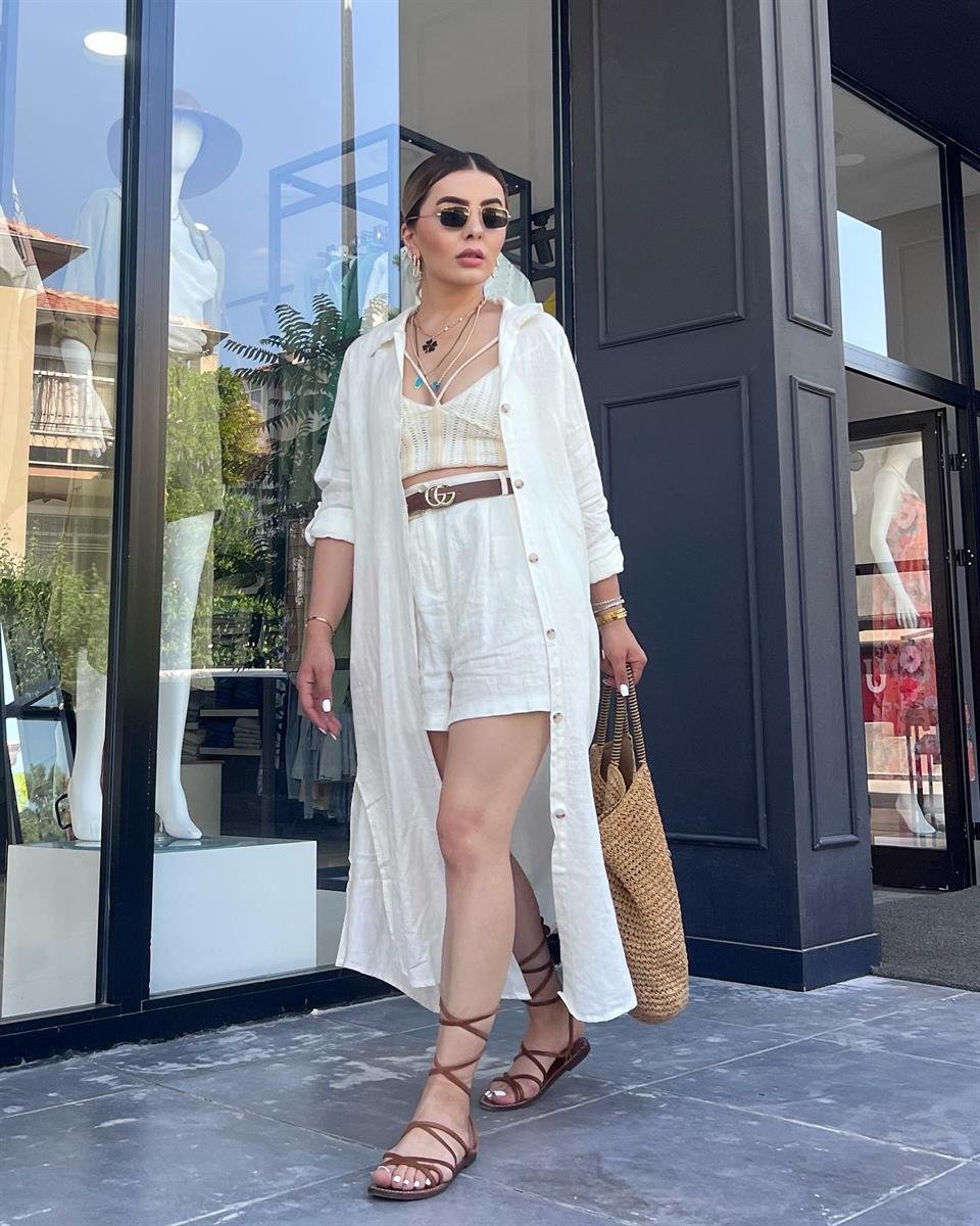 Ekru %100 Ham Keten Boydan Düğmeli Kimono Elbise 