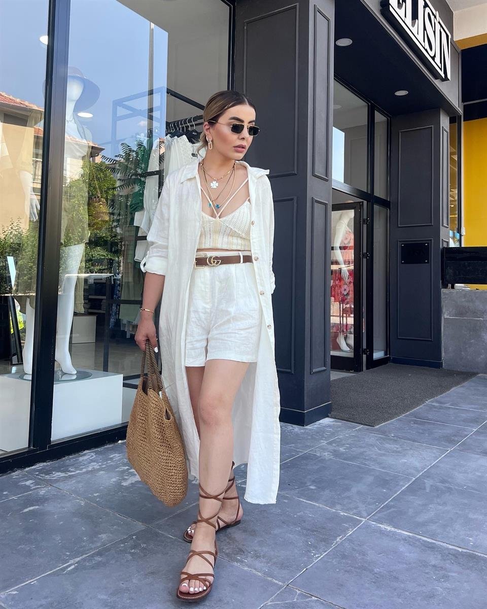 Ekru %100 Ham Keten Boydan Düğmeli Kimono Elbise 