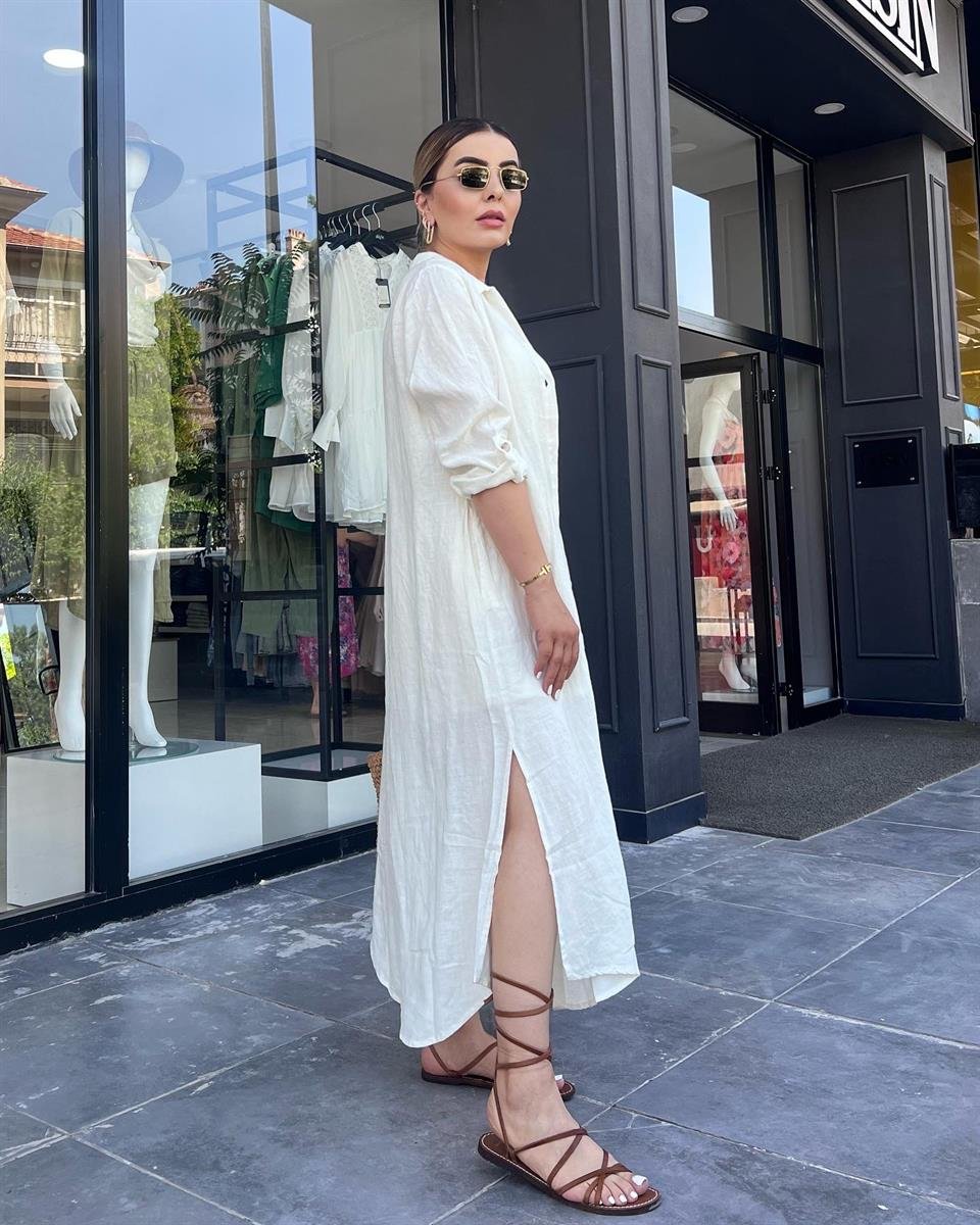 Ekru %100 Ham Keten Boydan Düğmeli Kimono Elbise 