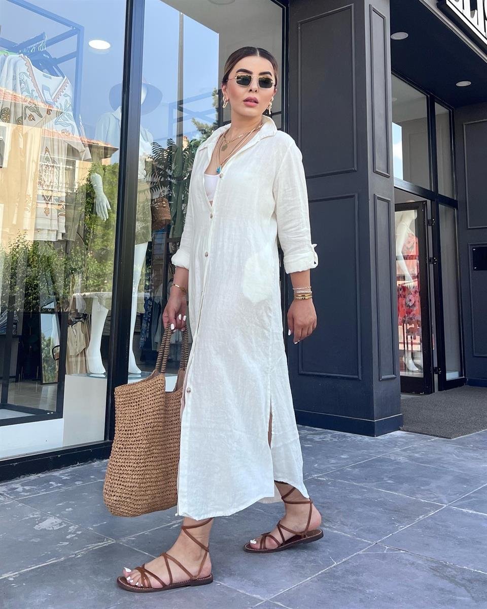 Ekru %100 Ham Keten Boydan Düğmeli Kimono Elbise 