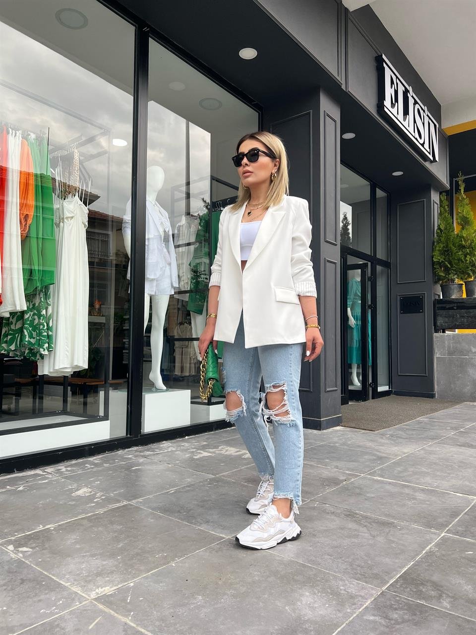 Ekru Astarı Çizgili Blazer Ceket 