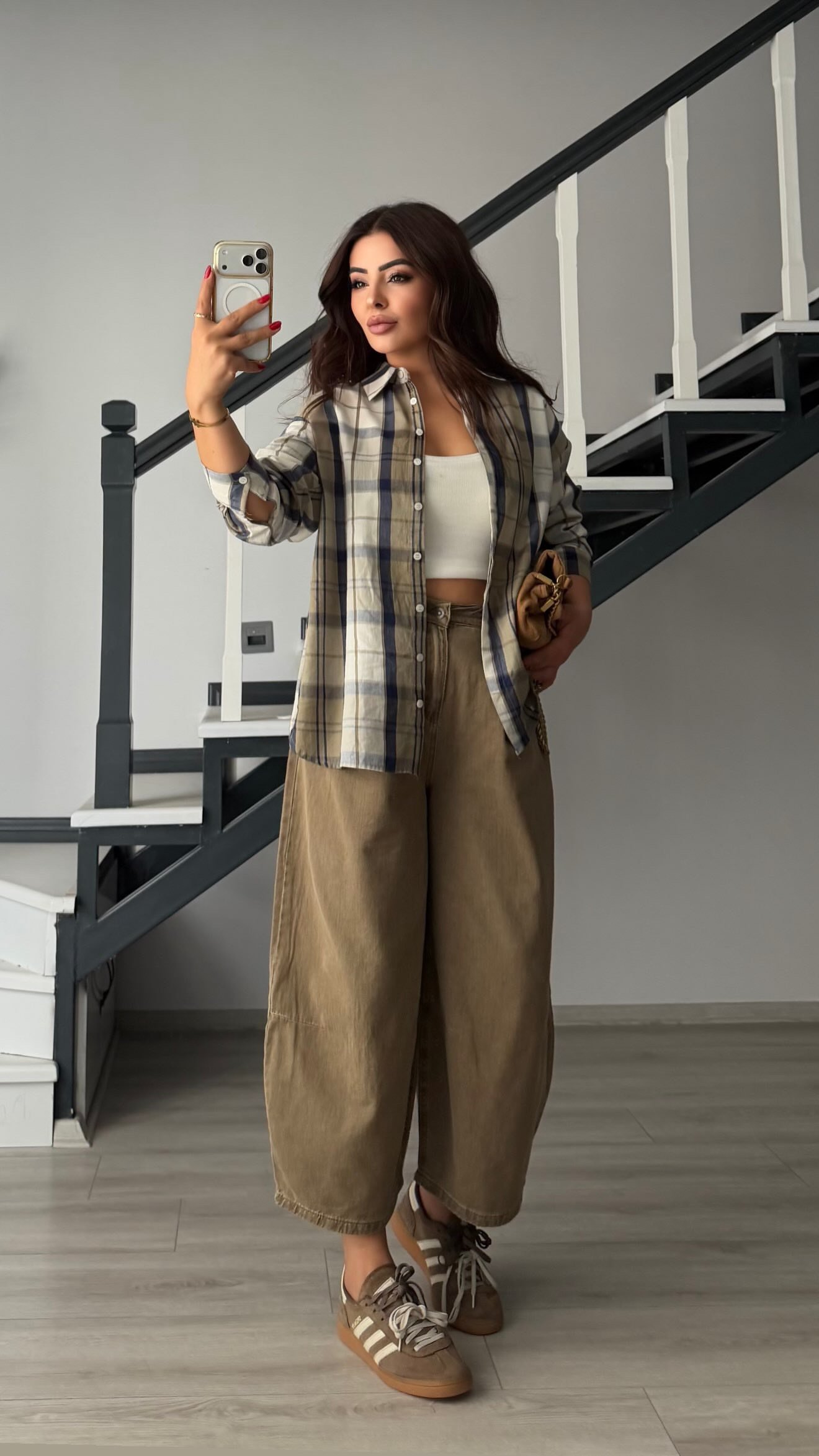 Ecru and Khaki Plaid Shirt