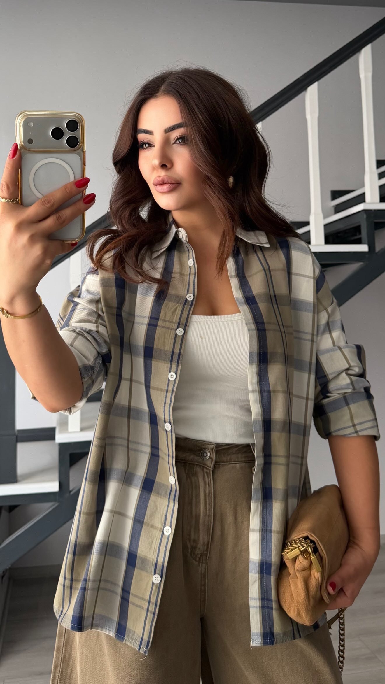 Ecru and Khaki Plaid Shirt