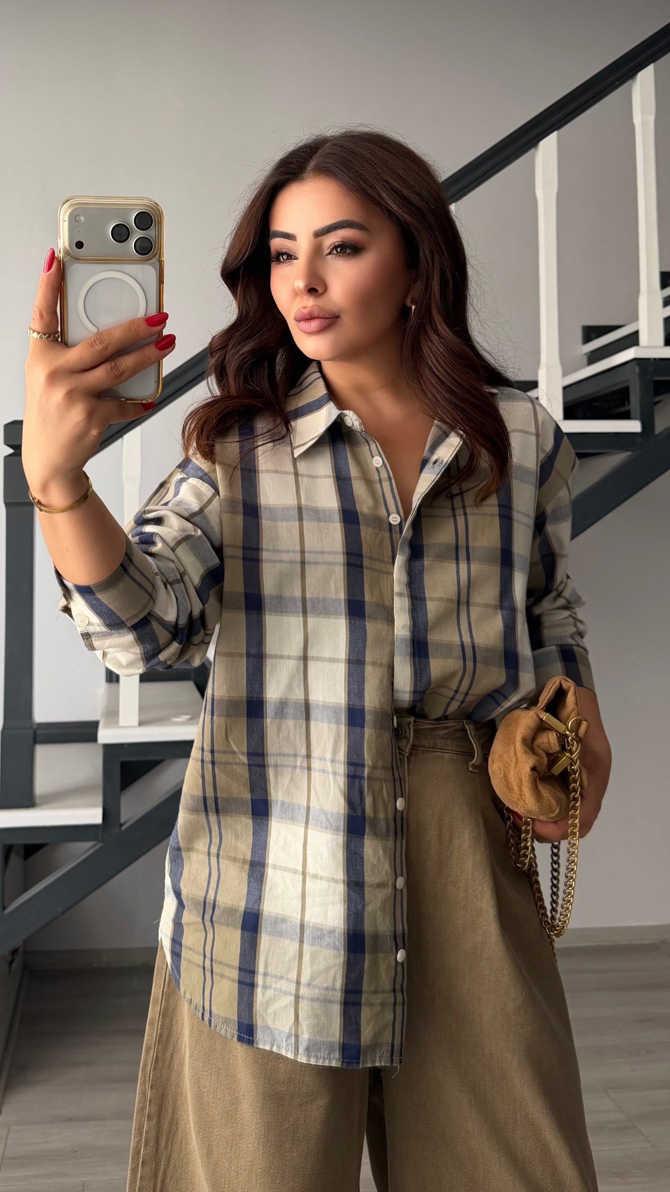 Ecru and Khaki Plaid Shirt